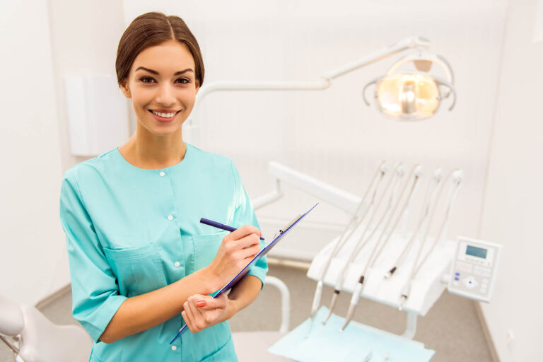Portrait,Of,A,Young,Woman,Dentist,,Recording,In,Document,,On
