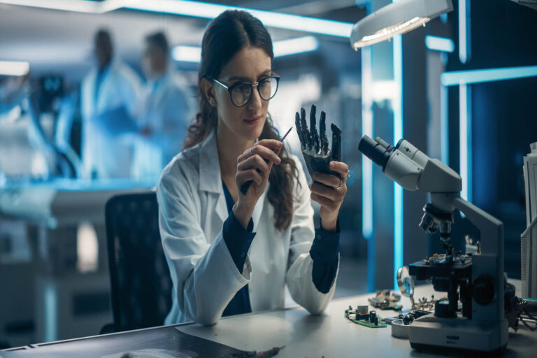 Female,Engineer,Fixing,A,High Tech,Bionic,Hand,Component.,On,Blurred