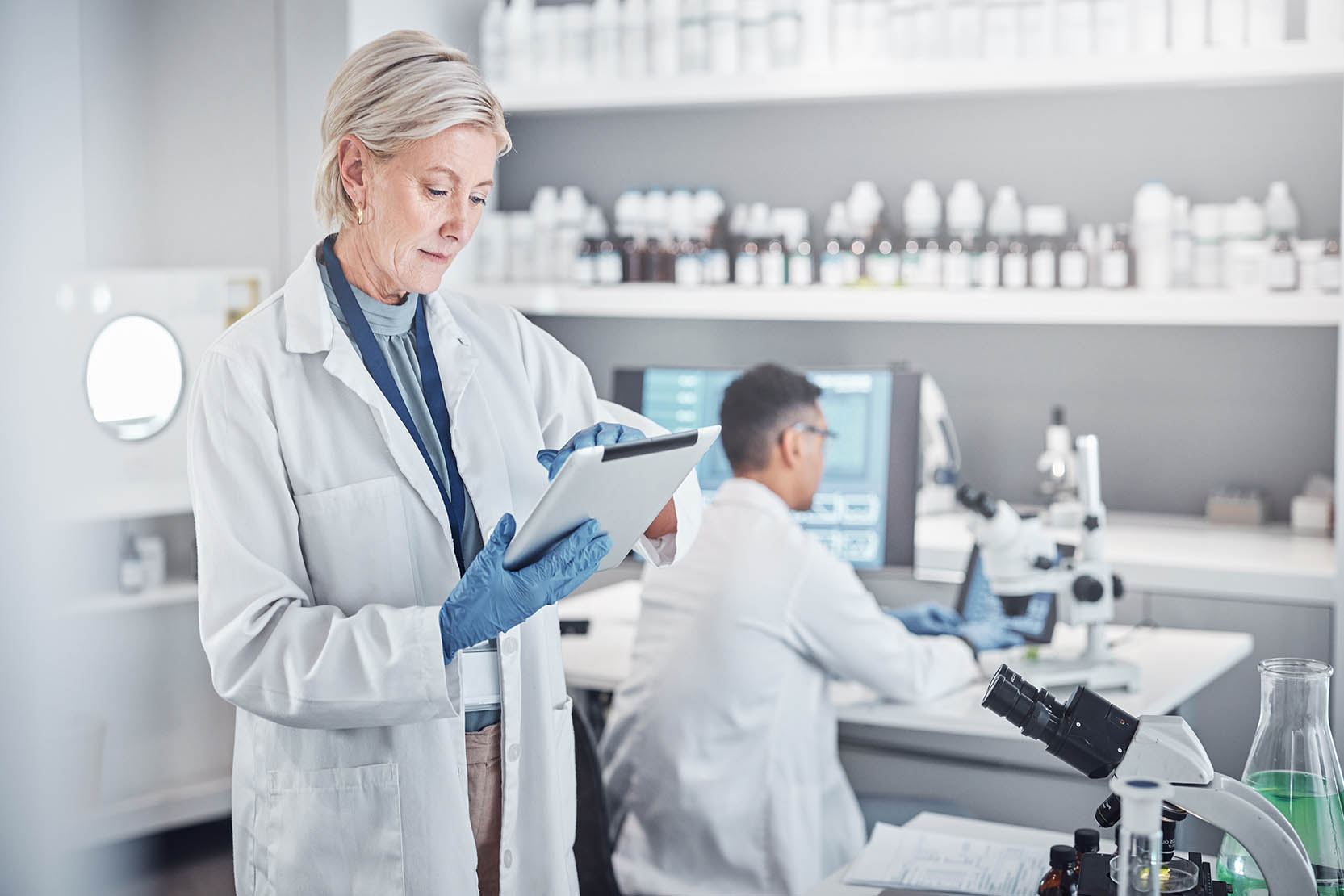 Senior,Scientist,Woman,,Tablet,And,Laboratory,For,Analysis,,Research,Or