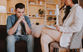 Psychotherapy,Treatment,Of,Depression.,Woman,Psychologist,Having,Session,With,Male
